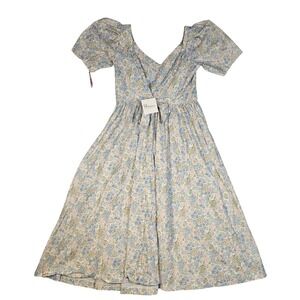 Daze Dayz Floral Cotton Puff Sleeve Midi Dress Blue Pink Green Size M NWT
